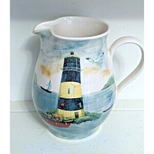 Vintage Oxney Green English 8" pitcher Lighthouse Sailing seagreen